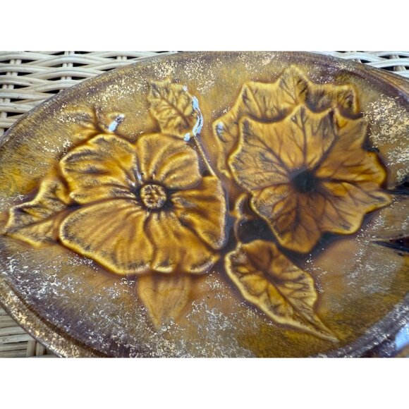 Vintage MCM California Pottery Ashtray Cigarette Box Set Brown Gold Floral - Picture 7 of 15